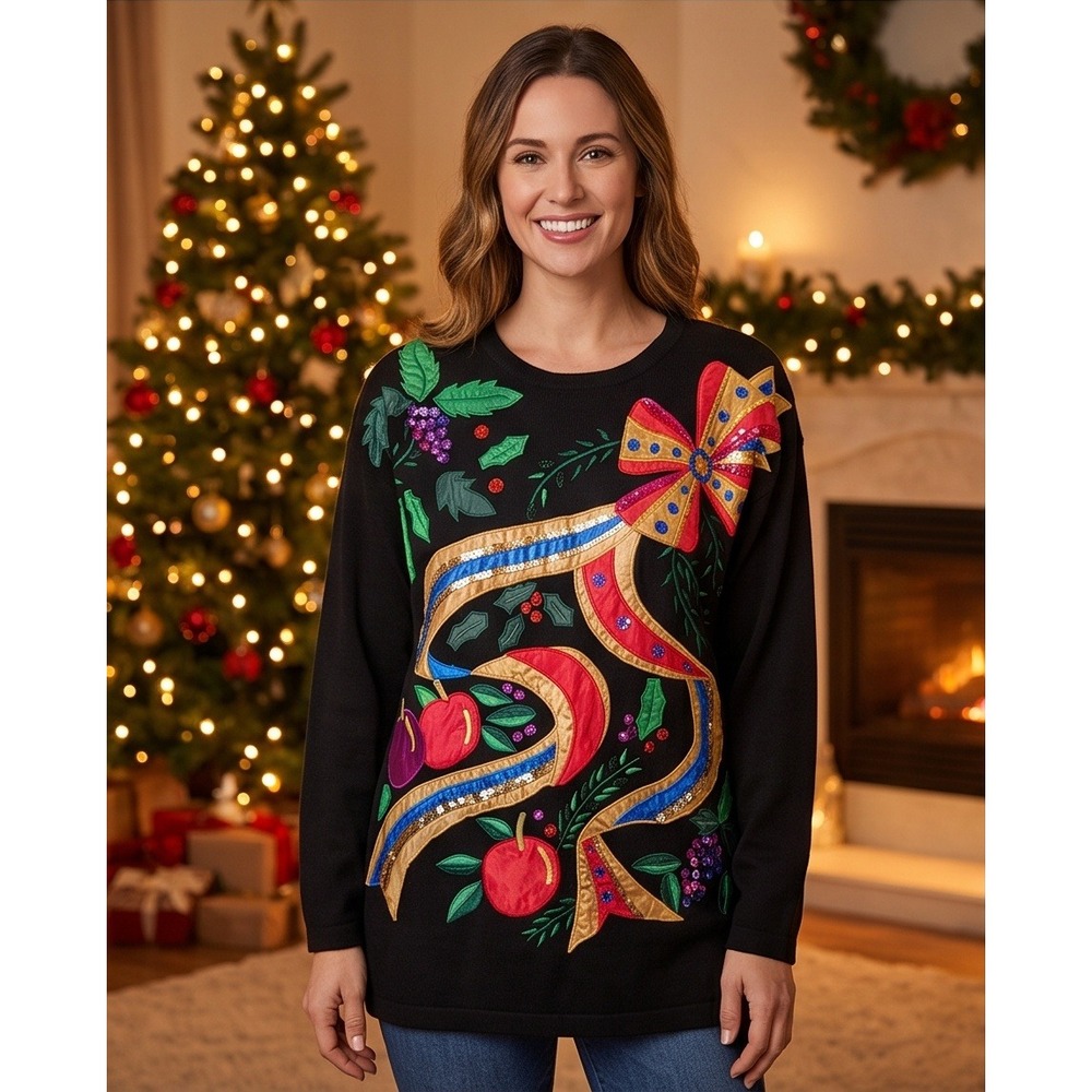Accessory Lady Vintage‎ M Christmas Holiday Sequin Apple Bow Sweater Medium
